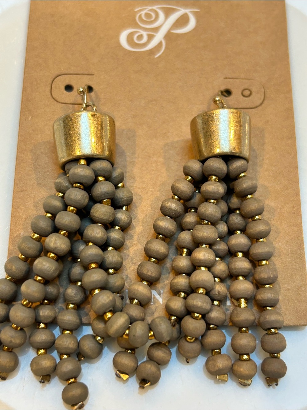 Plunder Taupe Beaded Tassel Earrings with Gold Accents